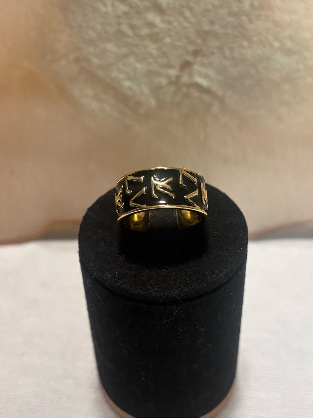 Gold and Black Enamel Wide Statement Ring Size 7